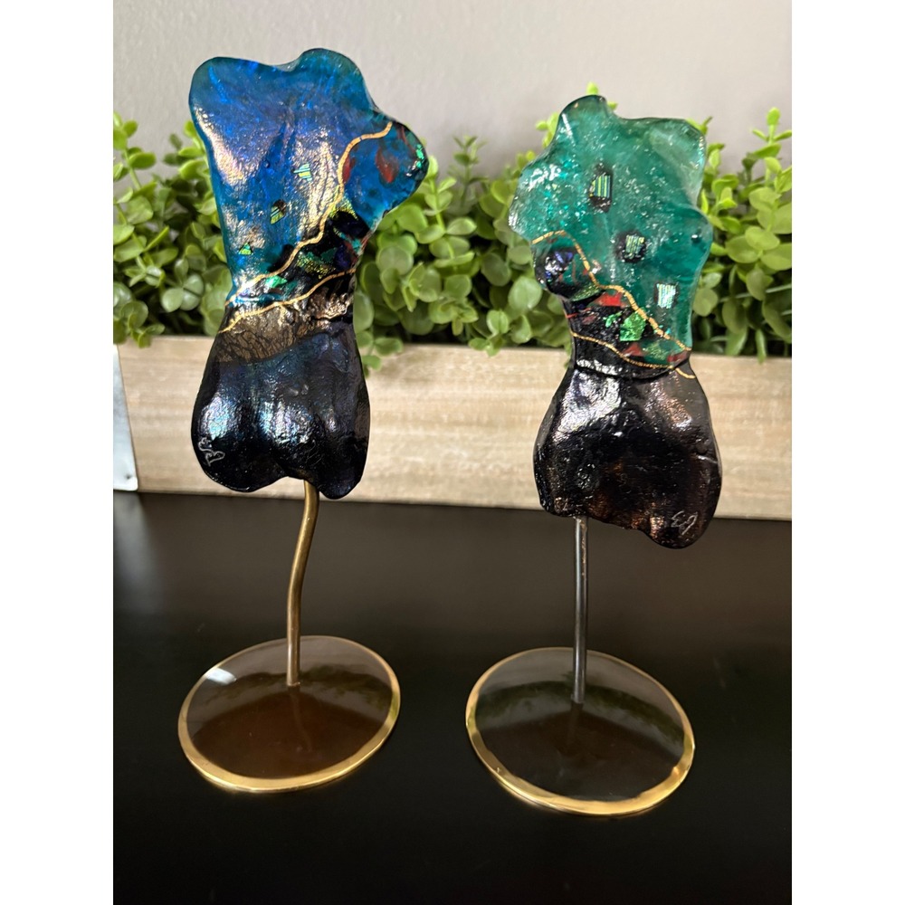Karen Ehart Resin‎ Female Torso Sculptures Set of 2 Abstract Art Gold Stand 9"